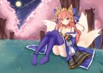  1girl animal_ears bare_shoulders bell blue_legwear bow breasts cherry_blossoms chihong_de_tianshi choker cleavage fang fate/grand_order fate_(series) fox_ears fox_tail full_moon hair_bow hair_ornament japanese_clothes large_breasts long_hair looking_at_viewer moon multiple_tails panties pantyshot pantyshot_(sitting) pink_hair sitting smile solo tail tamamo_(fate)_(all) tamamo_no_mae_(fate) thigh-highs underwear white_panties yellow_eyes 