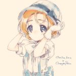  1girl bangs black_bow blue_eyes blue_hat blue_skirt bow braid casual character_name cloche_hat closed_mouth commentary girls_und_panzer hair_bow hands_on_headwear hat high-waist_skirt highres kuroi_mimei looking_to_the_side orange_hair orange_pekoe puffy_short_sleeves puffy_sleeves shirt short_hair short_sleeves skirt solo standing suspender_skirt suspenders tied_hair twin_braids upper_body white_shirt 