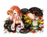  black_kimono bodskih bracelet breasts brown_eyes chin_rest cleavage collarbone japanese_clothes jewelry kimono large_breasts long_hair looking_at_viewer lying nami_(one_piece) on_side one_piece orange_flower orange_hair ponytail smile transparent_background yellow_flower 