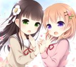  2girls :d bangs blouse blush breasts brown_blouse brown_hair collarbone commentary_request eye_contact eyebrows_visible_through_hair flower gochuumon_wa_usagi_desu_ka? green_eyes hair_flower hair_ornament hairclip hand_holding hand_on_own_cheek hand_to_own_mouth heart hoto_cocoa hoto_cocoa&#039;s_school_uniform interlocked_fingers long_hair long_sleeves looking_at_another multiple_girls neck_ribbon open_mouth orange_hair petals pink_blouse red_ribbon ribbon sanotsuki school_uniform serafuku short_hair signature small_breasts smile two-tone_background ujimatsu_chiya upper_body violet_eyes white_flower white_ribbon white_sailor_collar 