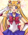  1girl ;d bishoujo_senshi_sailor_moon blonde_hair blue_eyes blue_skirt bow bowtie collarbone double_bun earrings elbow_gloves gloves hand_on_hip highres jewelry long_hair masateruteru miniskirt one_eye_closed open_mouth pleated_skirt red_bow red_bowtie sailor_moon shirt short_sleeves skirt smile solo standing star star_earrings tsukino_usagi twintails v very_long_hair white_gloves white_shirt 