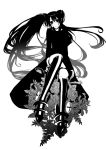  1girl black_eyes black_footwear black_hair boots d.gray-man floating_hair greyscale hair_between_eyes head_tilt knee_boots lenalee_lee long_hair looking_at_viewer monochrome musashi_(detks) simple_background sitting solo thigh_strap twintails very_long_hair white_background 