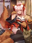  1girl animal_ears bangs black_legwear bow breasts cat cleavage cup eyebrows_visible_through_hair fangs fate_(series) food fox_ears fox_tail fruit hair_bow highres indoors japanese_clothes kimono looking_at_viewer lying mandarin_orange medium_breasts on_side open_mouth paw_pose paws photobomb pink_hair ponytail red_bow red_kimono shiguru short_kimono sliding_doors smile solo table tail tamamo_(fate)_(all) tamamo_cat_(fate) thigh-highs thighs tsurime yellow_eyes 