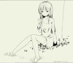  1girl bent_knees blush closed_mouth collarbone eyebrows_visible_through_hair flower food ice_cream long_sleeves looking_away monochrome original outdoors simple_background sitting sleeves_past_wrists thigh-highs tokinohimitsu tree twitter_username white_legwear zettai_ryouiki 