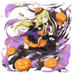  1girl alice_schuberg black_footwear black_gloves black_legwear blonde_hair blue_eyes boots elbow_gloves eyebrows_visible_through_hair floating_hair gloves halloween halloween_costume long_hair open_mouth pumpkin simple_background solo sword_art_online thigh-highs thigh_boots very_long_hair white_background 