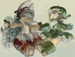  2girls :3 :d animal_ears blush boots brown_eyes commentary_request ebimomo fang full_body gloves green_hair hands_together hat helmet looking_at_viewer made_in_abyss meinya_(made_in_abyss) multicolored_hair multiple_girls nanachi_(made_in_abyss) open_mouth prushka rabbit_ears red_eyes sidelocks smile two-tone_hair whiskers white_hair 