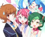  4girls blue_angel blue_eyes blue_hair blue_neckwear blush brown_eyes brown_hair earrings facial_tattoo green_hair hair_ornament hairclip heart heart_earrings hiiragi_yuzu jewelry joman looking_at_viewer looking_away mizuki_kotori_(yuu-gi-ou_zexal) multicolored_hair multiple_girls necktie one_eye_closed pink_hair school_uniform short_hair side_bun sleeveless sparkle sparkling_eyes sweatdrop tattoo twintails two-tone_hair yu-gi-oh! yuu-gi-ou_arc-v yuu-gi-ou_vrains yuu-gi-ou_zexal zaizen_aoi 