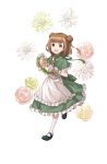  1girl :d beatrice_(princess_principal) black_footwear brown_eyes brown_hair capelet double_bun dress frilled_dress frills full_body gloves green_dress head_wreath highres looking_at_viewer medium_hair official_art open_mouth princess_principal princess_principal_game_of_mission shoes smile socks solo standing transparent_background white_gloves white_legwear 