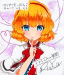  1girl alice_margatroid artist_name bangs blonde_hair blue_eyes blush capelet dated eyebrows_visible_through_hair finger_to_mouth hairband hand_up heart heart_of_string looking_at_viewer qqqrinkappp short_hair signature solo touhou traditional_media upper_body 