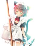  1girl animal_ears blue_eyes blush bow breasts brown_hair bucket cat_ears cat_tail closed_mouth eyebrows_visible_through_hair gloves hair_ribbon highres holding_bucket looking_at_viewer maid maid_headdress medium_breasts multicolored multicolored_eyes original red_bow red_ribbon revision ribbon sheepd short_hair smile solo tail white_gloves yellow_eyes 