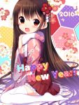  1girl 2016 :d blush brown_hair commentary_request earrings eyebrows_visible_through_hair floral_background floral_print flower from_side fur_collar hair_between_eyes hair_flower hair_ornament hakama_skirt halftone happy_new_year hexagon ikari_(aor3507) japanese_clothes jewelry kimono long_hair long_sleeves looking_at_viewer looking_to_the_side nengajou new_year no_shoes open_mouth original pink_kimono polka_dot print_kimono red_eyes short_kimono sitting smile solo thigh-highs very_long_hair wariza white_legwear wide_sleeves 