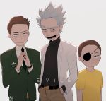  brown_hair eyepatch jerry_smith judy-kim-jump labcoat morty_smith multiple_boys rick_and_morty rick_sanchez shirt smile spoilers turtleneck yellow_shirt 