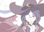  2girls blue_hair closed_mouth dual_persona finger_to_mouth glasses hat highres little_witch_academia long_hair looking_at_viewer multiple_girls pale_color red_eyes shiny_chariot shushing simple_background smile spoilers tasaka_shinnosuke ursula_charistes white_background white_hat witch witch_hat 