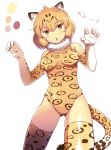  1girl :o adapted_costume ahoge bare_shoulders blonde_hair blush breasts cowboy_shot elbow_gloves eyebrows_visible_through_hair fur_collar gloves groin hair_between_eyes jaguar_(kemono_friends) jaguar_ears jaguar_print jaguar_tail kemono_friends looking_at_viewer medium_breasts partial_commentary paw_pose print_gloves print_legwear print_leotard short_hair simple_background sleeveless solo sweat thigh-highs white_background yellow_eyes ymatuz 