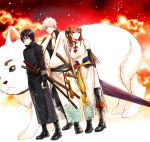  acaco arms_behind_back asymmetrical_sleeves black_eyes black_footwear black_gloves black_hair black_legwear boots brown_hair china_dress chinese_clothes closed_eyes closed_umbrella dog dress dutch_angle elbow_gloves full_body gintama glasses gloves hair_between_eyes hair_bun holding holding_weapon kagura_(gintama) kneehighs long_hair looking_at_viewer oriental_umbrella purple_umbrella ribbon-trimmed_legwear ribbon-trimmed_sleeves ribbon_trim sadaharu sakata_gintoki sheath sheathed shimura_shinpachi silver_hair standing sword umbrella very_long_hair weapon white_dress 