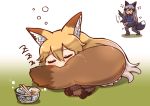  &gt;_&lt; 2girls biting blush chopsticks dancing ezo_red_fox_(kemono_friends) flying_sweatdrops kemono_friends lying multiple_girls nissin ramen silver_fox_(kemono_friends) sleeping tail tail_biting tanaka_kusao zzz 