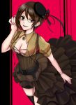  1girl artist_request bead_bracelet beads beret bracelet breasts brown_dress brown_eyes brown_hair cleavage coco_adel commentary dress glasses hat jewelry necklace rwby solo 