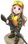  10s 1girl aoba_kokona blush brown_hair gun hair_ornament hairclip hat holding holding_weapon hunting long_hair open_mouth smile solo weapon yama_no_susume youkan 