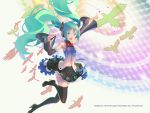  1girl arm_up bird boots detached_sleeves green_eyes green_hair hatsune_miku high_heels highres long_hair looking_at_viewer nail_polish navel open_mouth skirt solo thigh-highs thigh_boots twintails very_long_hair vocaloid vofan 