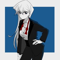  1girl black_jacket black_pants blue_background blue_eyes border bow bowtie breasts cowboy_shot formal grey_border hair_between_eyes hand_on_hip jacket large_breasts limited_palette long_hair long_sleeves nns146 pants red_neckwear solo tenjouin_asuka tuxedo tuxedo_jacket tuxedo_shirt untied very_long_hair yu-gi-oh! yuu-gi-ou yuu-gi-ou_gx 