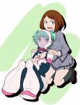  2girls ansatsu_kyoushitsu bodysuit boku_no_hero_academia boots breasts brown_hair company_connection cosplay costume_switch crossover green_hair helmet highres kayano_kaede knee_boots medium_breasts multiple_girls school_uniform short_hair skirt twintails uraraka_ochako yura_kumonoito 