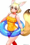  1girl 2017 alternate_costume animal_ears blonde_hair bow breasts brown_eyes cleavage dated extra_ears eyebrows_visible_through_hair fennec_(kemono_friends) fox_ears fox_tail groin happa_(cloverppd) holding_innertube innertube kemono_friends light_smile looking_at_viewer medium_breasts one-piece_swimsuit see-through short_hair signature simple_background solo spaghetti_strap swimsuit tail white_background wristband yellow_bow yellow_wristband 