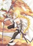  1girl bare_shoulders black_legwear blonde_hair blue_eyes braid breasts chains collarbone enchuu fate/apocrypha fate_(series) flower headphones headpiece highres lily_(flower) long_braid open_mouth ruler_(fate/apocrypha) single_braid solo thigh-highs torn_clothes torn_thighhighs 