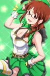 1girl :d adjusting_eyewear akizuki_ritsuko antenna_hair boots braid breasts cleavage commentary_request fingerless_gloves glasses gloves green_background green_gloves green_hat hand_on_hip hat idolmaster light_blush medium_breasts open_mouth side_braid sidelocks single_braid smile solo sparkle_background star starry_background tetuo_kun thigh-highs thigh_boots top!_clover 