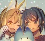  2girls ;3 ;d animal_ears aqua_background bangs black_eyes black_hair blonde_hair bow bowtie chromatic_aberration clenched_hand creature eyebrows_visible_through_hair eyelashes fang gloves hair_between_eyes head_to_head kaban_(kemono_friends) kemono_friends light_particles looking_at_another lucky_beast_(kemono_friends) multicolored_hair multiple_girls narita_imomushi no_hat no_headwear one_eye_closed open_mouth paw_pose raised_eyebrows red_shirt serval_(kemono_friends) serval_ears serval_print shirt short_hair signature smile t-shirt tareme teeth tongue twitter_username two-tone_hair upper_body white_gloves yellow_eyes 