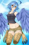  1girl ahoge alina_pegova blue_hair blue_wings breasts brown_eyes camisole feathered_wings flying full_body grin groin hair_between_eyes harpy medium_breasts monster_girl monster_musume_no_iru_nichijou navel outdoors papi_(monster_musume) scales short_hair short_shorts shorts sky smile solo talons winged_arms wings 