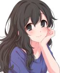  1girl bangs black_eyes black_hair blue_shirt blush chin_rest closed_mouth copyright_request eyebrows_visible_through_hair hand_on_own_cheek highres long_hair looking_at_viewer sekina shirt short_sleeves simple_background smile solo white_background 