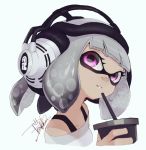  1girl bangs bare_shoulders blunt_bangs domino_mask drinking_cup drinking_straw eyelashes face grey_hair head_tilt headphones holding inkling isamu-ki_(yuuki) light_smile looking_at_viewer mask off-shoulder_shirt parted_bangs shirt short_hair signature simple_background solo splatoon splatoon_2 suction_cups tentacle_hair violet_eyes 