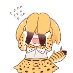  1girl animal_ears batta_(ijigen_debris) bow bowtie commentary covering_face facing_viewer flying_sweatdrops kemono_friends open_mouth serval_(kemono_friends) serval_ears serval_print serval_tail simple_background skirt solo tail white_background 