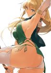  1girl arm_up armpits ass backlighting bangs blonde_hair blue_dress blush bow_(weapon) breasts capelet closed_mouth detached_sleeves dress dutch_angle elf eyebrows_visible_through_hair from_side green_dress hair_between_eyes holding holding_bow_(weapon) holding_weapon kekemotsu large_breasts long_hair original panties pointy_ears ponytail short_dress sideboob simple_background solo tabard thigh-highs thighs tsurime underwear weapon white_background white_legwear white_panties 