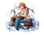 1girl alcohol bikini_top blue_pants bodskih bottle bracelet breasts brown_eyes bubble chair cleavage clouds collarbone drink earrings feet_out_of_frame glass groin head_rest jeans jewelry large_breasts legs_crossed log_pose long_hair lowleg midriff nami_(one_piece) navel one_piece open_mouth orange_hair pants sitting solo stomach tattoo transparent_background