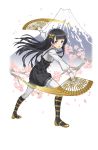  &gt;:o 1girl :o arisugawa_kaoru black_bow black_eyes black_footwear black_hair boots bow branch butterfly_hair_ornament cherry_blossoms dual_wielding fan full_body gloves hair_ornament highres leaning_forward long_hair looking_at_viewer motion_blur mountain official_art pantyhose paper_fan princess_principal princess_principal_game_of_mission standing very_long_hair white_bowite white_gloves white_legwear 