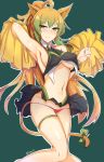  1girl ahoge animal_ears archer_of_red armpits black_skirt blonde_hair blush breasts cat_ears cat_tail cheerleader collar eyebrows_visible_through_hair fate/apocrypha fate/grand_order fate_(series) green_eyes green_hair hair_between_eyes highres large_breasts long_hair multicolored_hair myumi navel panties pom_poms red_panties ribbon signature simple_background skirt solo tail tail_ribbon tassel thighs under_boob underwear very_long_hair 