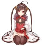  1girl ahoge azur_lane bangs black_legwear breasts brown_hair china_dress chinese_clothes chiune_(yachi) cleavage_cutout dress dress_lift full_body fur_collar hairband lifted_by_self long_hair long_sleeves looking_at_viewer panties ping_hai_(azur_lane) red_dress red_eyes seiza side-tie_panties simple_background sitting small_breasts solo thigh-highs underwear very_long_hair white_background white_hairband white_panties 