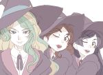  3girls barbara_parker black_eyes blonde_hair brown_eyes brown_hair closed_mouth diana_cavendish green_eyes green_hair hanna_england hat highres little_witch_academia long_hair looking_at_viewer multicolored_hair multiple_girls one_eye_closed open_mouth pale_color simple_background smile tasaka_shinnosuke two-tone_hair white_background witch_hat 