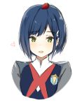  1girl adore_(adoredesu) blue_hair blush darling_in_the_franxx eyebrows_visible_through_hair food fruit green_eyes hair_ornament hairclip half-closed_eyes highres ichigo_(darling_in_the_franxx) looking_at_viewer on_head open_mouth simple_background smile solo strawberry upper_body white_background 