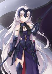  absurdres ahoge bare_shoulders breasts chains cleavage fate/grand_order fate_(series) headpiece highres jeanne_alter long_hair medium_breasts misaki159123 navel_cutout ruler_(fate/apocrypha) side_cutout standard_bearer sword thighs weapon white_hair yellow_eyes 