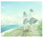  2girls clouds grass highres kakmxxxny06 multiple_girls original railroad_tracks rock shoes skirt sneakers water 