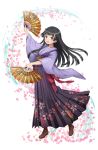  1girl :d arisugawa_kaoru arm_up black_eyes black_hair brown_footwear dual_wielding fan floral_print full_body highres japanese_clothes kimono long_hair looking_at_viewer official_art open_mouth paper_fan petals princess_principal princess_principal_game_of_mission shoes smile standing wide_sleeves 