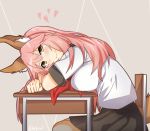  1girl animal_ears blush breasts desk fang fate/extra fate/grand_order fate_(series) fox_ears fox_tail looking_at_viewer myumi pink_hair school_desk school_uniform simple_background solo tagme tail tamamo_(fate)_(all) tamamo_no_mae_(fate) yellow_eyes 