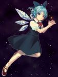  1girl bad_id bad_twitter_id blue_bow blue_dress blue_eyes blue_hair bow cirno closed_mouth commentary_request dress hair_bow ice ice_wings looking_at_viewer puffy_short_sleeves puffy_sleeves short_hair short_sleeves smile socks solo star taka8 touhou white_legwear wing_collar wings 