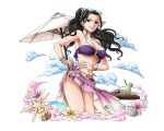  1girl bikini black_hair blue_eyes bodskih breasts cleavage clouds collarbone cowboy_shot female floating_hair hair_ornament large_breasts long_hair looking_at_viewer navel nico_robin o-ring_bikini one_piece ponytail purple_bikini_top sarong shiny shiny_skin smile solo standing stomach sunglasses sunglasses_on_head swimsuit thighs tied_hair transparent_background white_bikini 