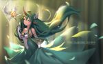 1girl absurdly_long_hair artist_name bare_shoulders blush breasts character_name cleavage closed_mouth elbow_gloves eyebrows gloves green_eyes green_hair highres holding holding_staff horn league_of_legends lee_seok_ho long_hair looking_at_viewer medium_breasts pointy_ears solo soraka staff very_long_hair white_background 