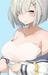  10s 1girl blue_background blue_eyes blush bra breasts cleavage closed_mouth collarbone hair_ornament hair_over_one_eye hairclip hamakaze_(kantai_collection) highres kantai_collection kei_(soundcross) large_breasts lips looking_at_viewer off_shoulder open_clothes open_shirt school_uniform serafuku shirt short_hair silver_hair simple_background smile solo underwear upper_body white_bra 