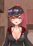  1girl :d bangs black_headwear black_jacket blurry blurry_background blush bra_strap breasts commentary_request depth_of_field earrings eyebrows_visible_through_hair eyewear_on_headwear hair_between_eyes hat heart heart-shaped_eyewear heart_earrings heart_necklace heterochromia high_ponytail highres hololive houshou_marine indoors jacket jewelry large_breasts long_hair looking_at_viewer necklace official_alternate_costume ootsuka_you open_mouth partially_unzipped pirate_hat ponytail red_eyes redhead smile solo sunglasses upper_body virtual_youtuber yellow_eyes 