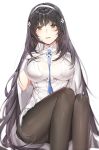  1girl between_breasts black_hair black_legwear eyebrows_visible_through_hair girls_frontline gloves hairband hand_on_own_chest highres long_hair looking_at_viewer myo_ne pantyhose parted_lips qbz-95_(girls_frontline) simple_background solo very_long_hair white_background white_gloves yellow_eyes 